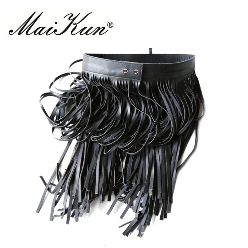 Western Punk Boho Style Long Tassel Belts For Women Girdle Female Black Leather Belts Wild Skirt Style High Waist Belt