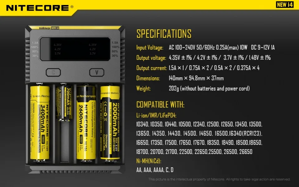 Nitecore SC4 D4 D2 I4 I2 цифровой процессор inteligente ЖК-схема Global de seguros Li-Ion 18650 14500 16340 26650 de cargador