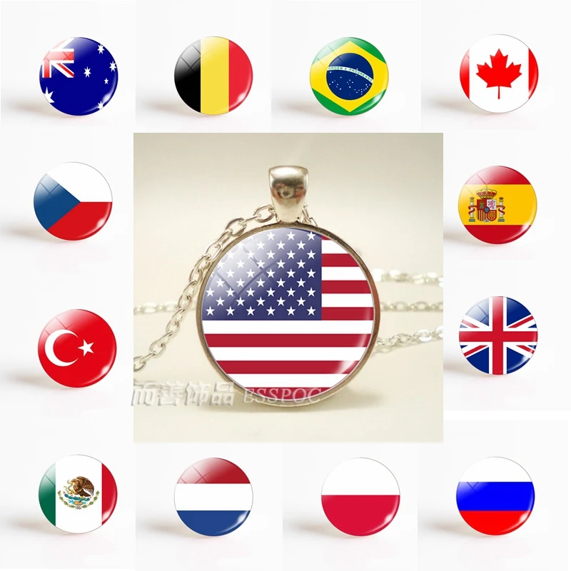 

Fashion Necklace Flag USA UK Brazil Israel Australia Russia Spain Glamour Glass Convex Dome Punk Women Men Souvenir Gifts