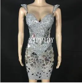 gray short Серебряное Золотое блестящее платье со стразами без рукавов, 3 цвета, Сетчатое платье, женский наряд на день рождения, женская одежда певицы, зеркальное платье - Цвет: gray short