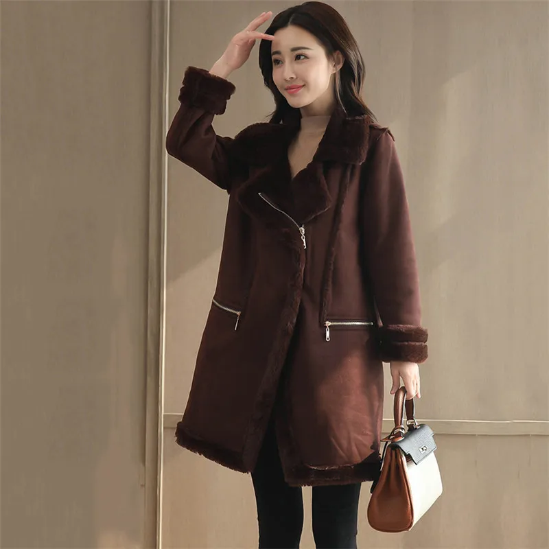 Женское длинное замшевое пальто теплая куртка из овчины с отворотами