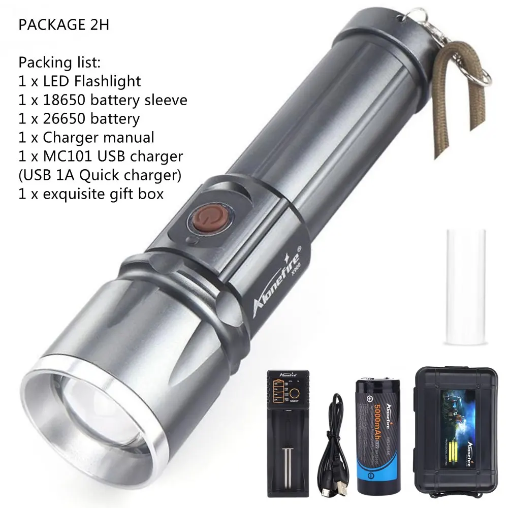 AloneFire X900 CREE XML T6 светодиодный фонарь Zaklamp алюминиевый фонарь с зумом водонепроницаемый фонарь hike 26650 аккумулятор USB зарядка - Испускаемый цвет: Package 2H