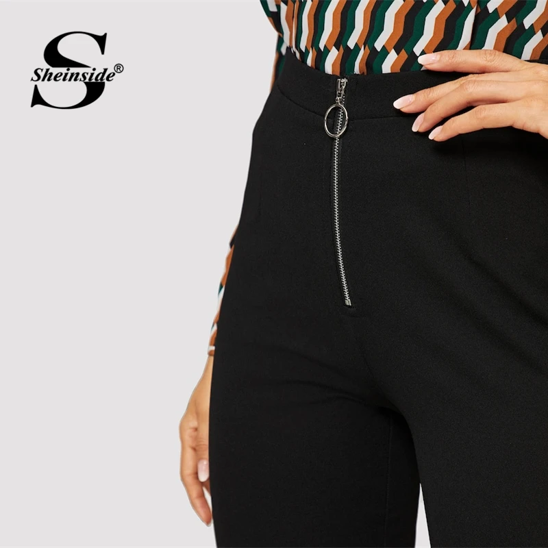 Sheinside черный Повседневное уплотнительное кольцо на молнии расклешенные брюки Для женщин Весна до середины талии длинные брюки дамы элегантный спецодежды однотонные штаны