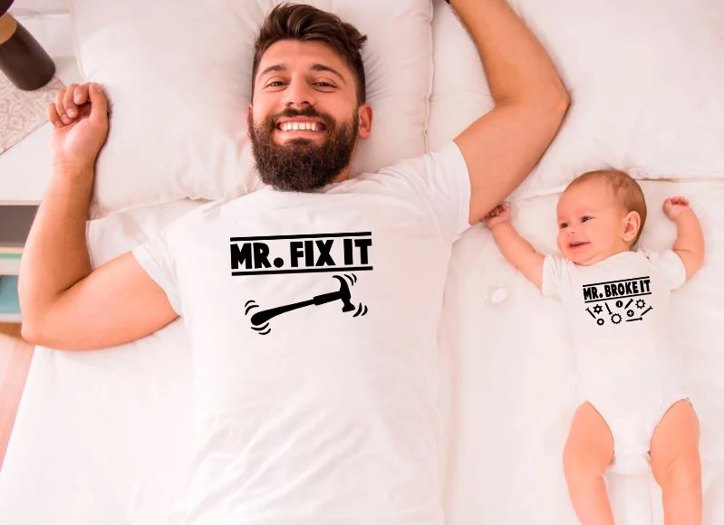Mr Broke It and Mr Fix It, Семейные комплекты для папы и меня, футболки одежда для папы и малыша футболка с короткими рукавами, одежда