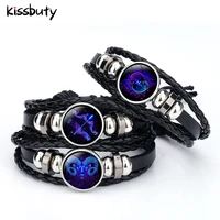 2019 blue eternity 12 constellations bracelet zodiac sign bracelets punk leather bracelet for men boys jewelry accessories gifts