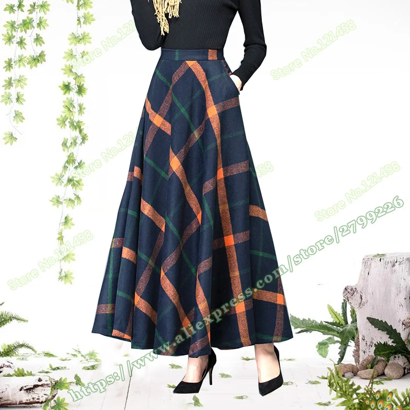 

2019 Autumn And Winter Casual Plus Size 6XL 5XL Woolen A-line Plaid stripe Maxi Skirts Womens / female a line Long Skirt falda