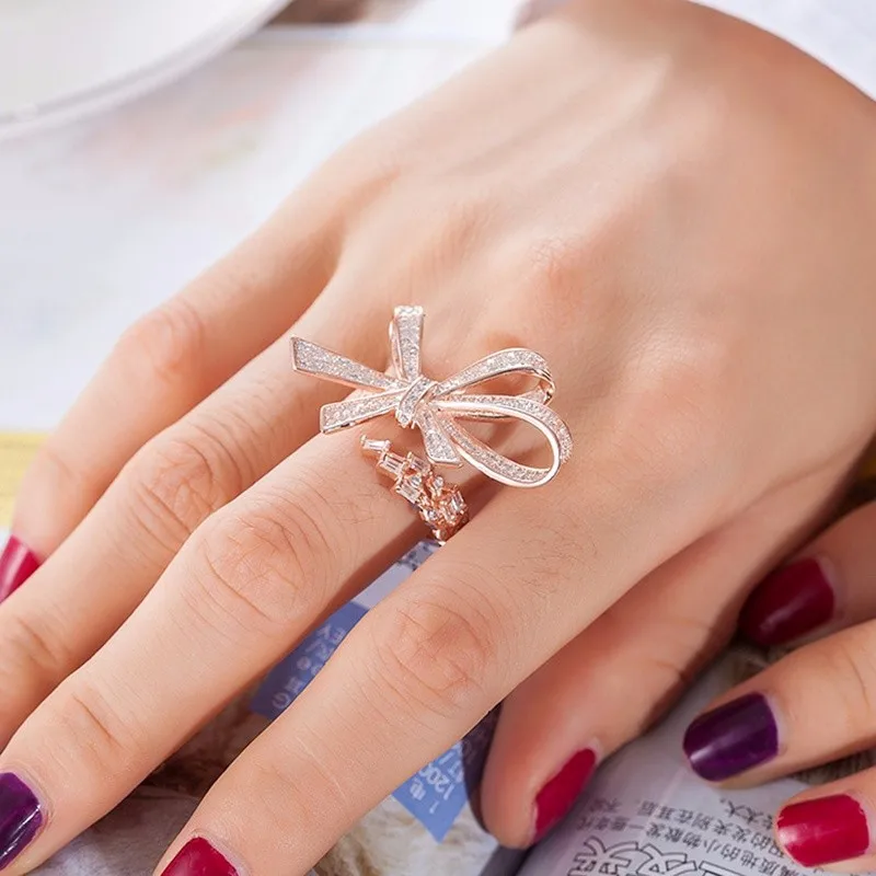 Продвижение чистый 925 Стерлинговое Серебро Циркон в форме банта палец кольцо из