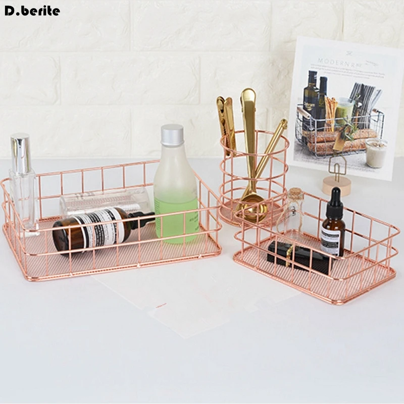 

Zakka Metal Storage Basket Rose Gold Wire Mesh Storage Box Kitchen Desktop Organizer For Bedroom Bathroom Home Decor QDD9333