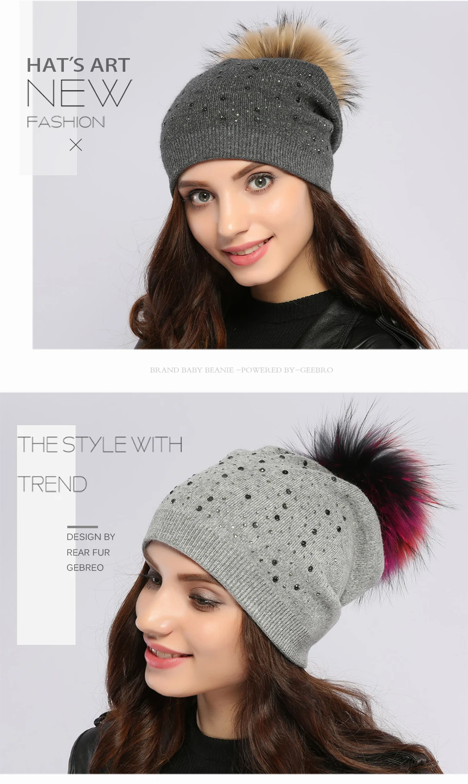 Geebro Для женщин помпонами Шапки зима теплая Вязание енота Мех животных Pom Beanie шапка для Для женщин Натуральный мех помпоном Skullies шапочки dq039