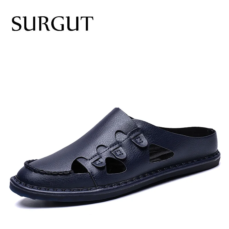 Dark Blue Мужские сандлалии из натуральной кожи SURGUT, коричневая повседневная деловая обувь, уличные пляжные водные босоножки в римском стиле для лета - Цвет: Dark Blue