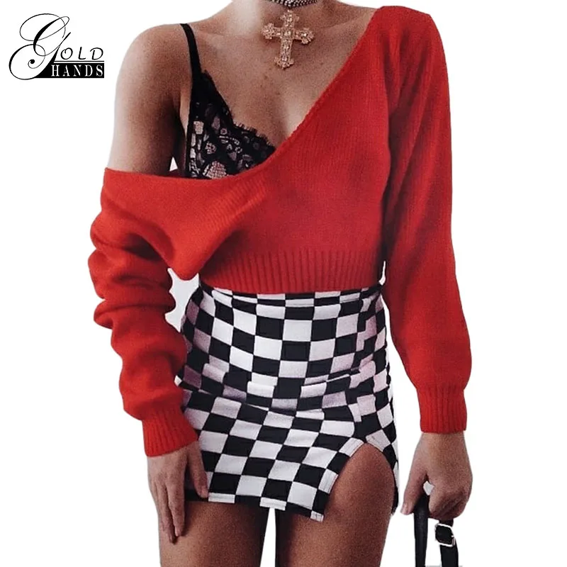 Летняя черно белая клетчатая юбка золотистого цвета с застежкой молнией и