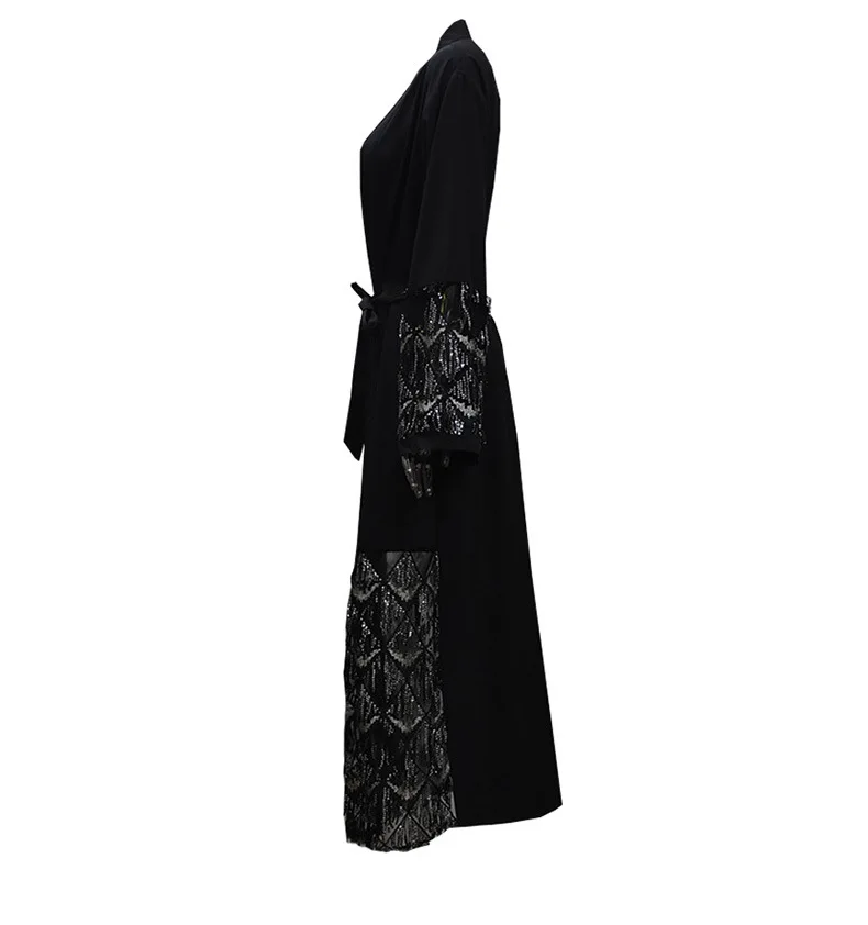 Женское длинное платье кардиган abaya черное кружевное с пайетками поясом макси