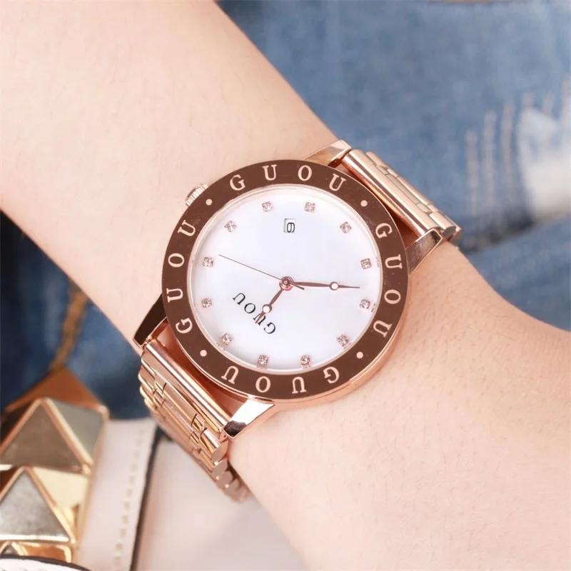 Модные женские Часы GUOU Топ люксовый бренд для дам Золотые кварцевые часы платье