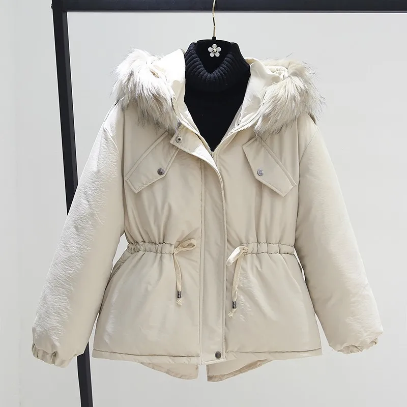 Beige Женские зимние стеганые куртки, короткая теплая зимняя одежда с капюшоном для женщин, новинка, искусственный большой меховой воротник, куртки, пальто AS190 - Цвет: Beige