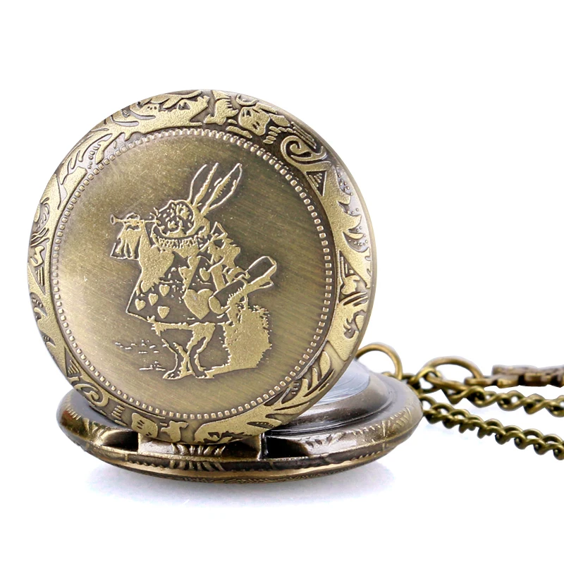 

Alice in Wonderland Rabbit and Drink Me Tag Pocket Watch Bronze Long Chain Pendant Necklace Chain Steampunk Gift Kid Men Women