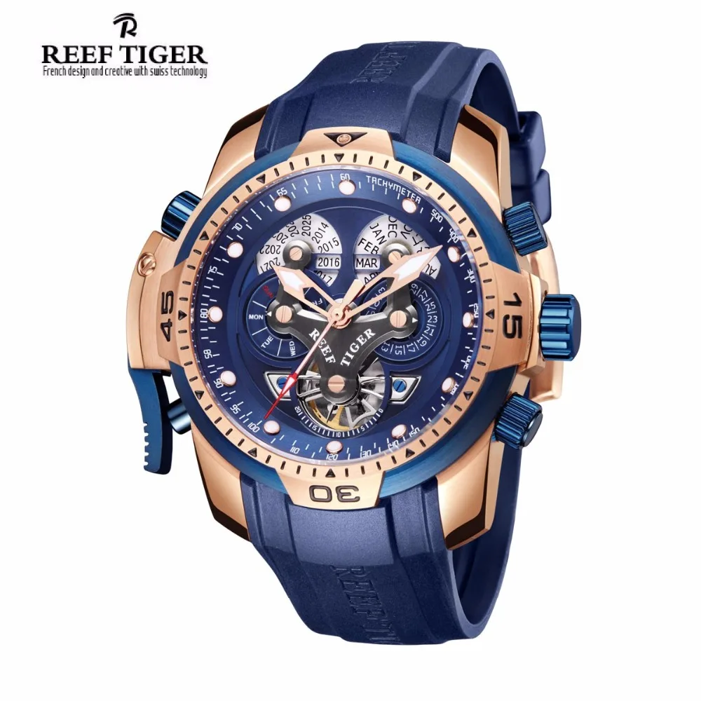 Мужские автоматические часы Reef Tiger спортивные стальные механические с синим