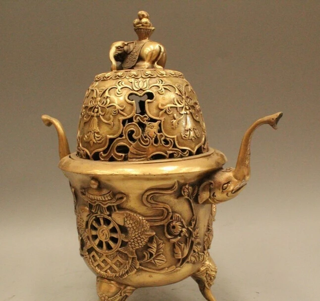10&quot Marked Chinese China Brass Fish Elephant Zun Incense Burner Censer Statue |