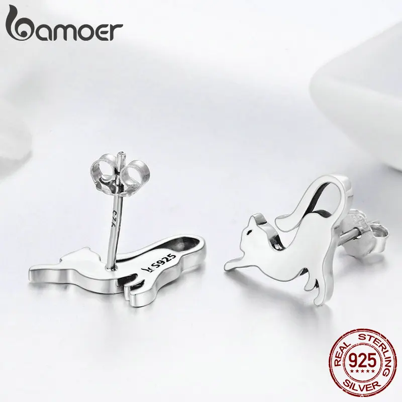 BAMOER, Настоящее серебро 925 пробы, милый кот, хвост киски, маленькие серьги-гвоздики для женщин, Стерлинговое Серебро, ювелирное изделие SCE366