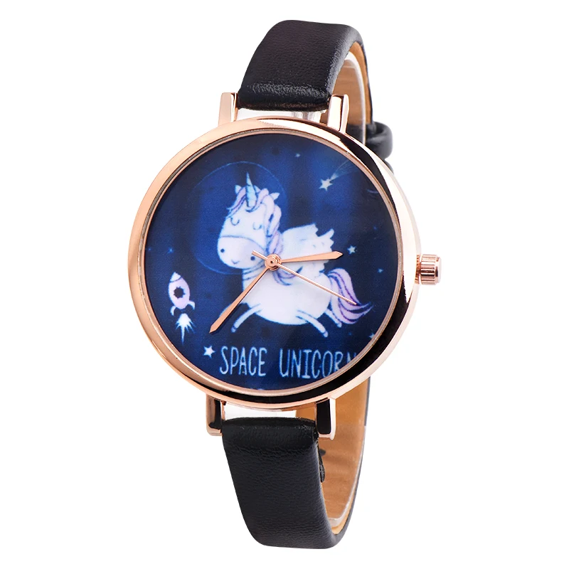 Милые женские милые Мультяшные кожаные часы с единорогом простые повседневные
