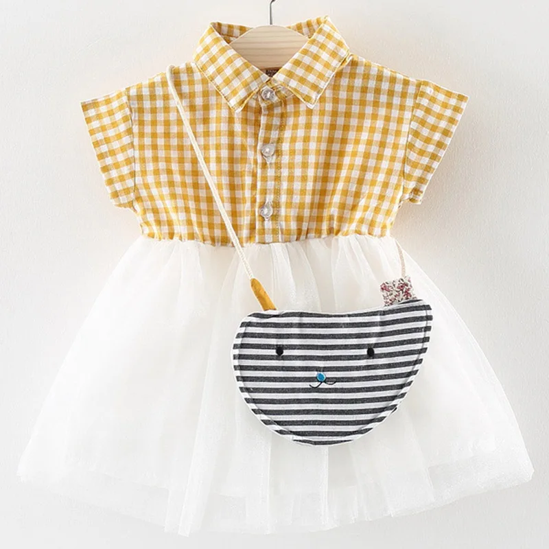 AX638 yellow Bear leader/платье для девочек; коллекция года; зимнее платье для девочек; детская одежда; модные сетчатые платья в горошек с бантом; детское летнее платье принцессы - Цвет: AX638 yellow