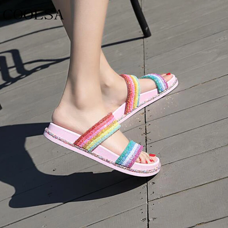 

Female Summer Flat Slides Casual Bright Diamond Bling Rainbow Slippers Indoor Home Shoes Outdoor Beach Flip Flops Women Slides