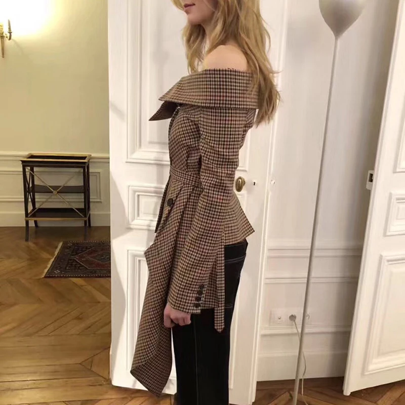ZEERO Off Shoulder Plaid Blazer Female Jacket Slash Neck Long Sleeve Irregular Hem Plus Size Women's Coats Spring Autumn Fashion | Женская
