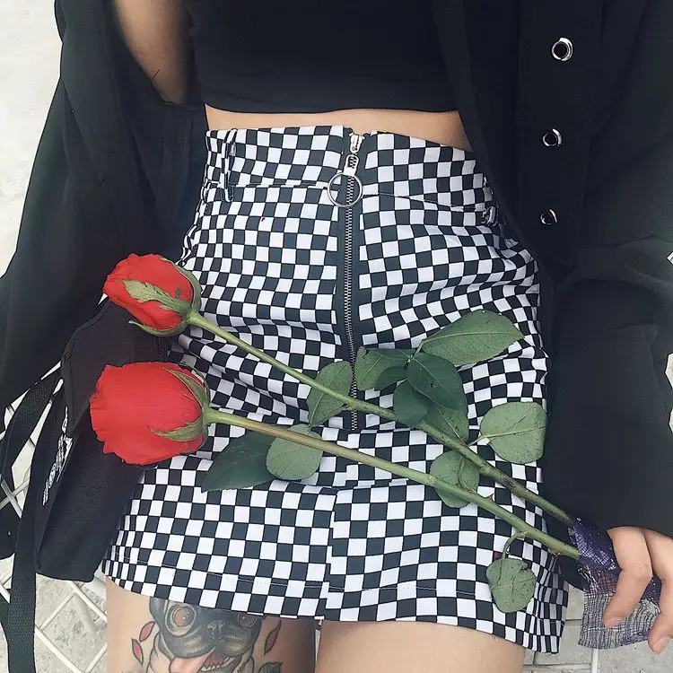 Harajuku Women Mini Skirt Black White Plaid High Waist A-Line Ring Zipper Decoration Female Skirts | Женская одежда
