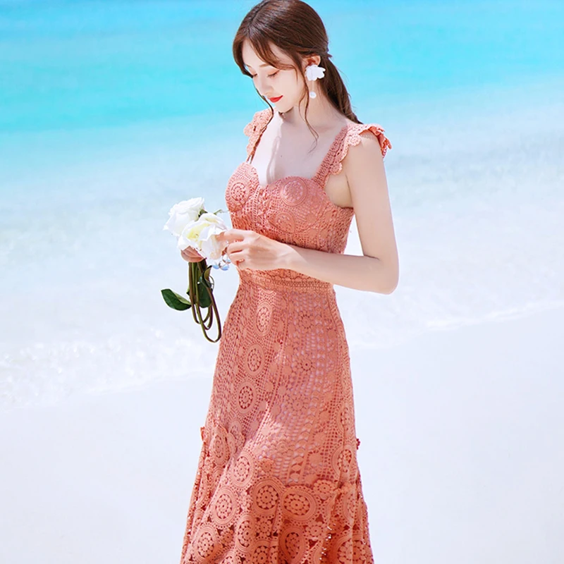 Женское кружевное платье-Автопортрет асимметричное ажурное платье-Русалка на