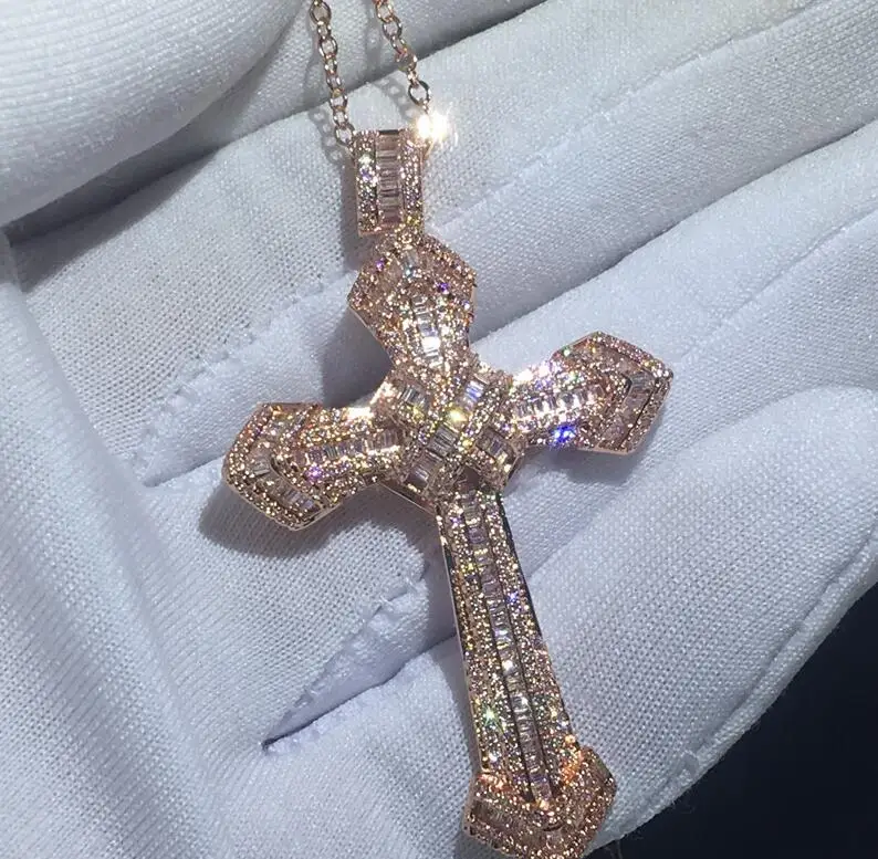 Rose Gold Choucong, роскошные Подвески с большим крестом, 5A, циркон, Cz, 925 пробы, серебро, вечерние, свадебные Подвески с ожерельем для женщин, мужчин, ювелирные изделия - Окраска металла: Rose Gold