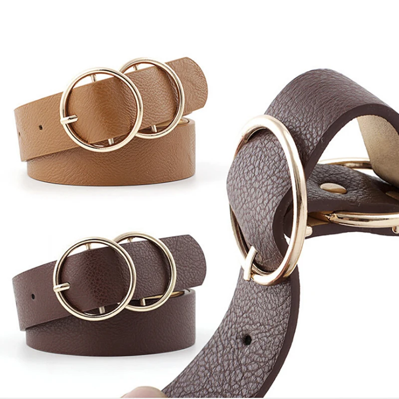 Женский ремень из искусственной кожи двойное кольцо круглая пряжка круглые