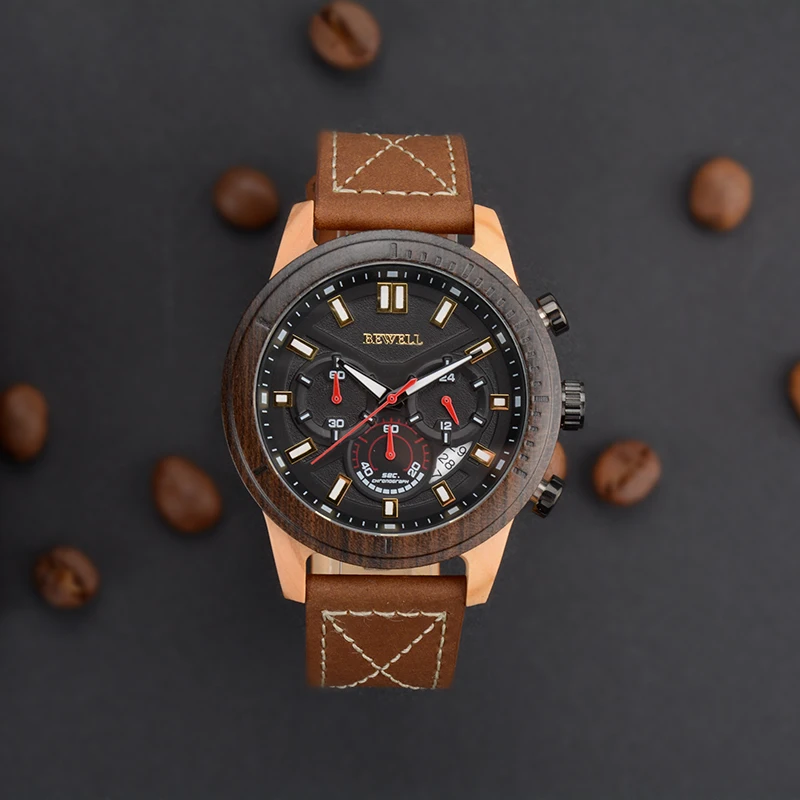 Men Luxury Waterproof Quartz Watch Wood Case Leather Strap With Chronograph And Calendar Functions Luminous Hands Bewell 161A