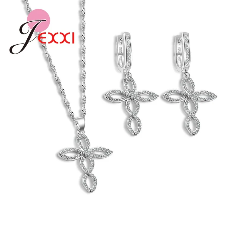 

Cross Shaped Jewelry Set for Women Brides 925 Sterling Silver with Micro CZ Setting Earrings Necklace Pendant Jewelry Set