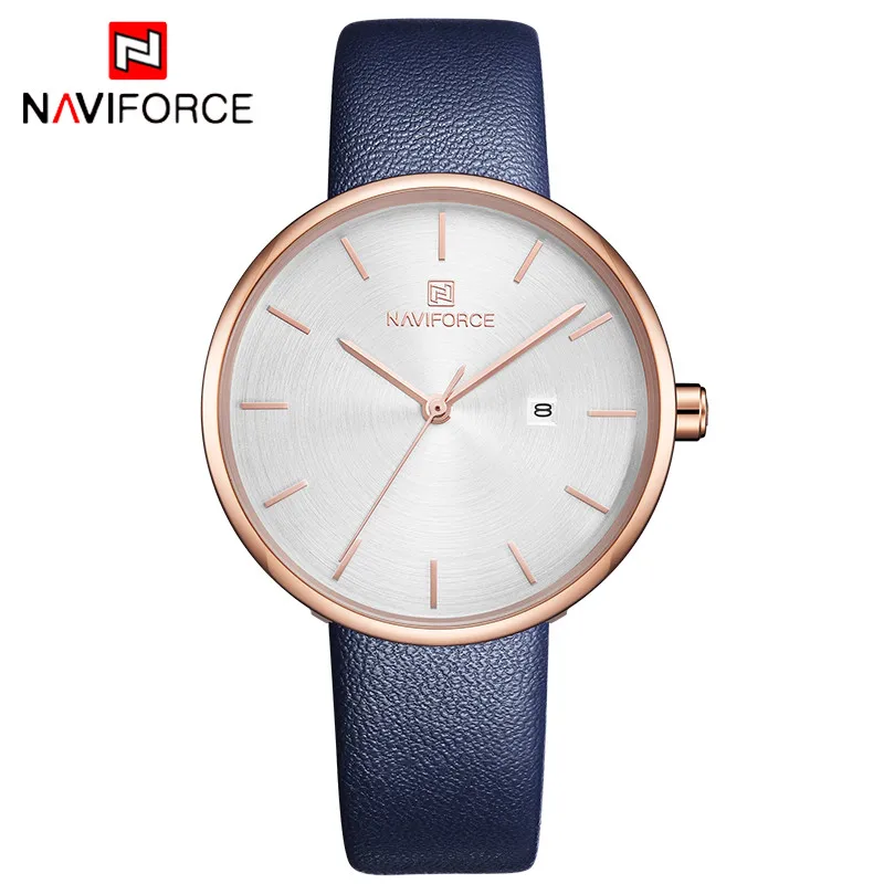 Rose Blue Бренд класса люкс Naviforce новые женские часы с кожаным ремешком модные кварцевые часы для женщин женские водонепроницаемые наручные часы Reloj Mujer - Цвет: Rose Blue