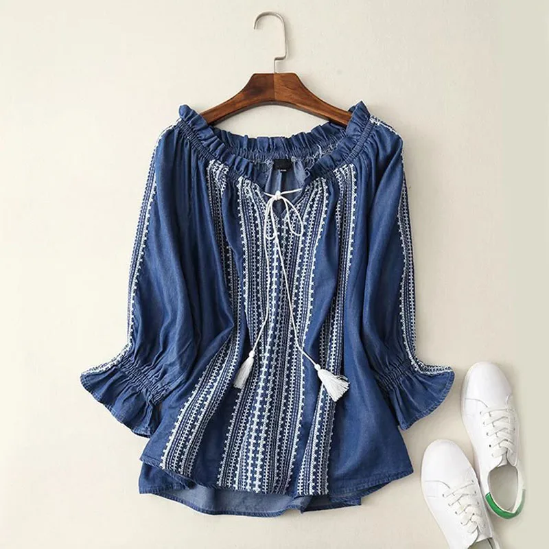 Navy blue Осень Лето blusas femininas джинсовые рубашки для дам Тяжелая Вышивка Повседневная Блузка женские свободные джинсовые рубашки синий - Цвет: Navy blue