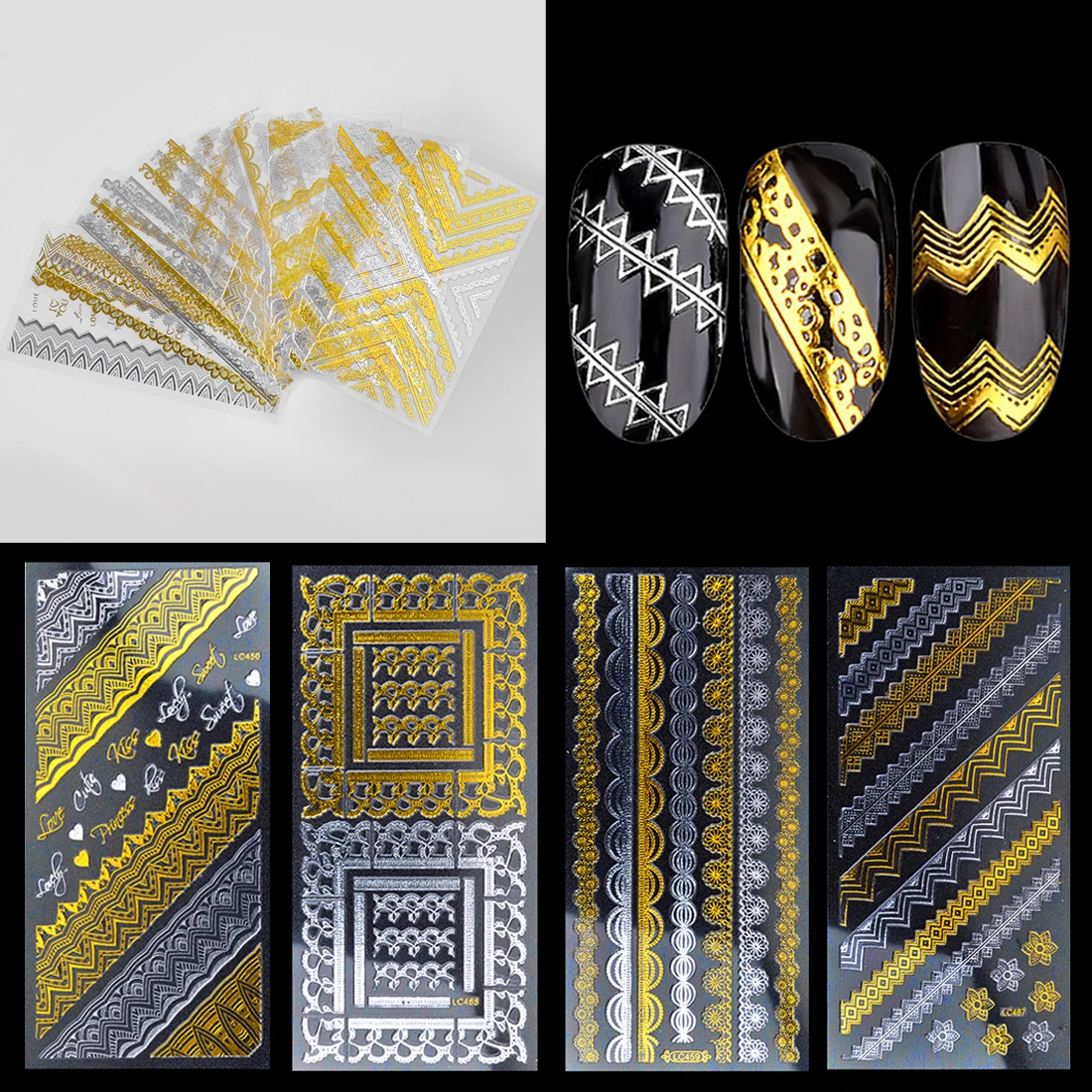 Полосатые волнистые металлические наклейки для ногтей золотые 3D