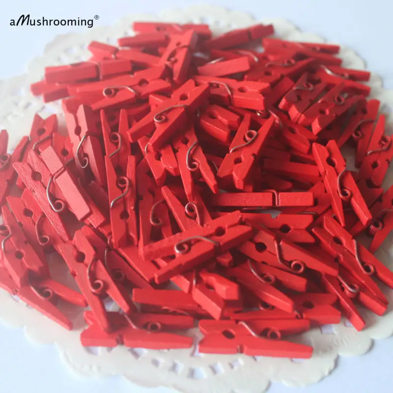 (100 шт./лот) 25 мм красные Мини Деревянные прищепки для одежды | весенний баннер Фото