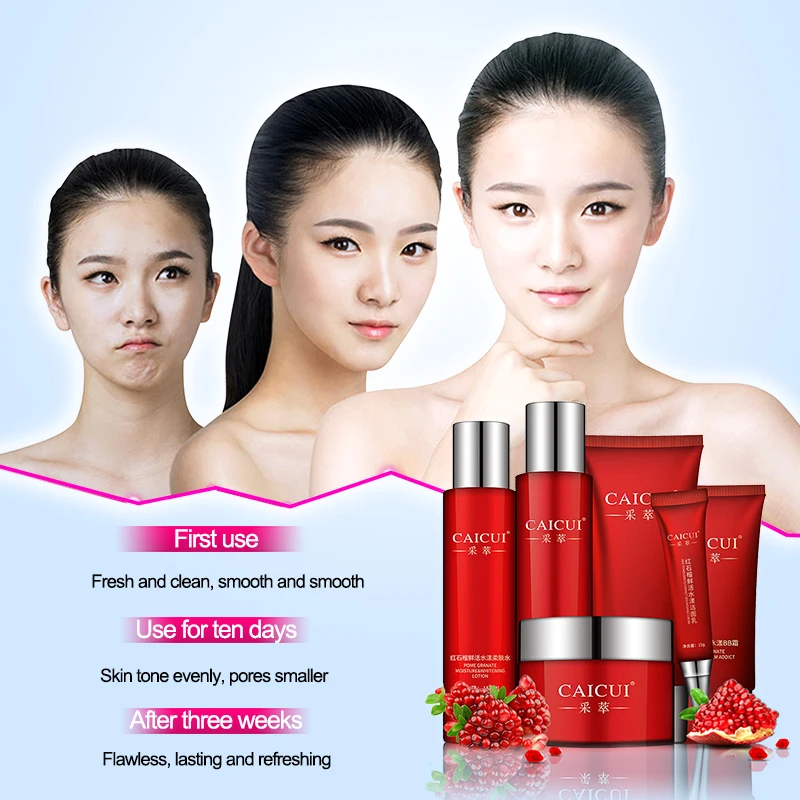 CAICUI Красный Гранат Пять Уход за кожей Set Cleanser отбеливающих Чистки Ремонт масла с тонером Восполнение Увлажняющий 5Pcs / Lot