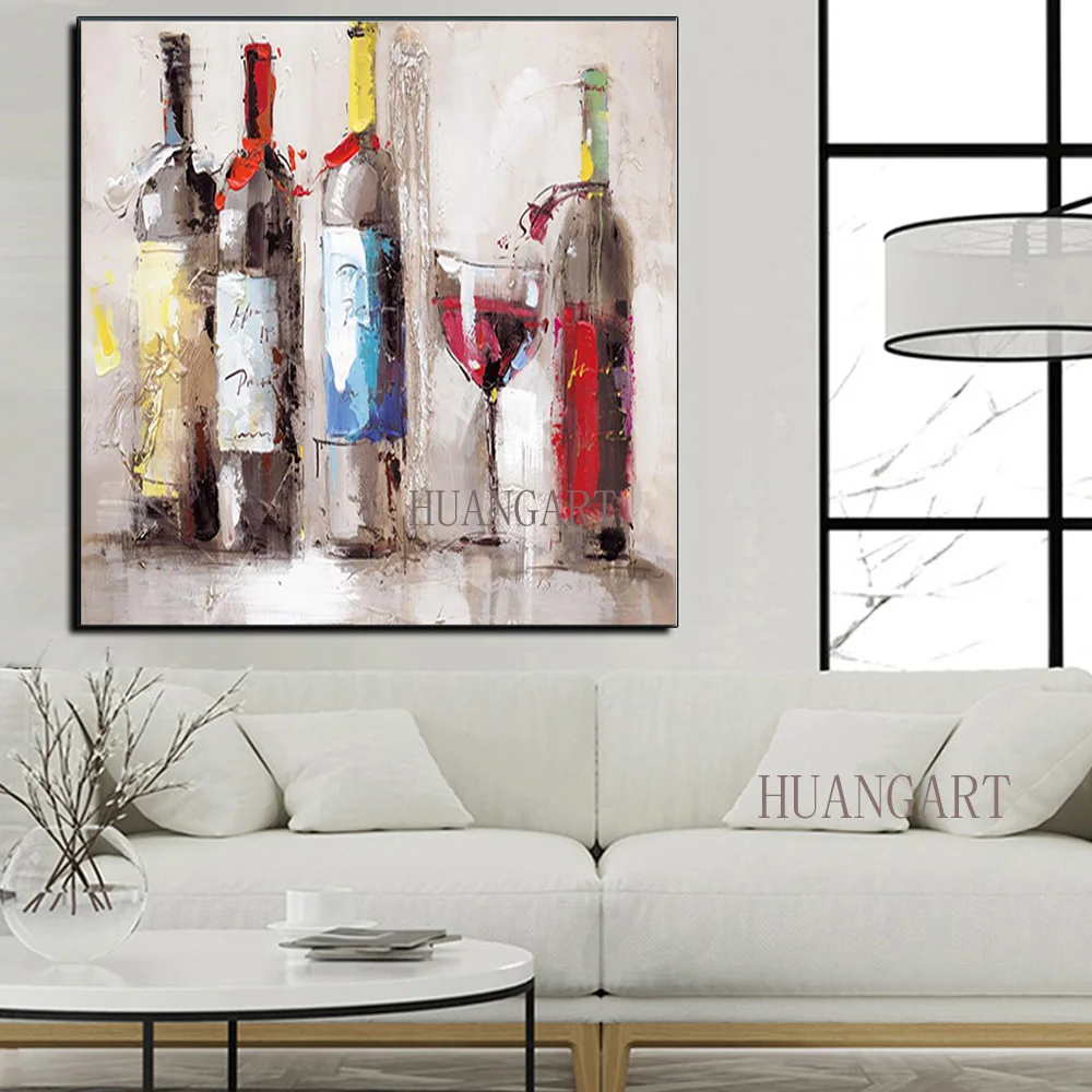 100% Handmade High Quality Abstract Colorful Bottles Oil Painting on Canvas Modern Wine Bottle Picture For kitchen | Дом и сад