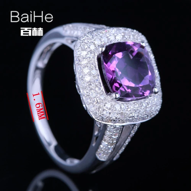 Baihe стерлингового серебра 925 2.3ct сертифицированных Подушки безупречный натуральная Аметист Свадебные Для женщин Винтаж уникальный элегантный кольцо
