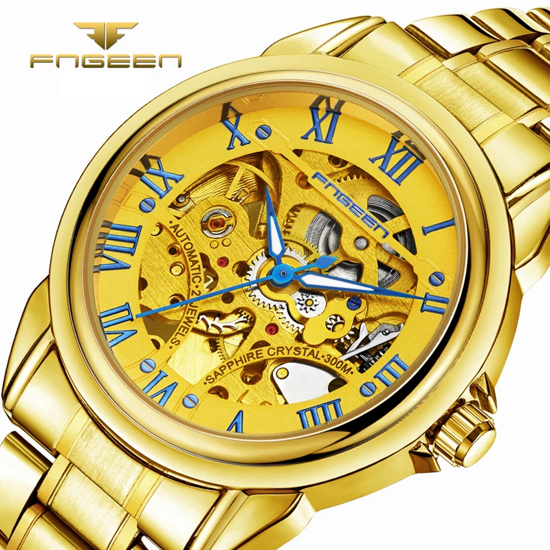 FNGEEN Brand Top Golden Luxury Men Watch Automatic Mechanical Watches Skeleton Self Wind Gold Men's Wristwatch Hollow Out Dial | Наручные