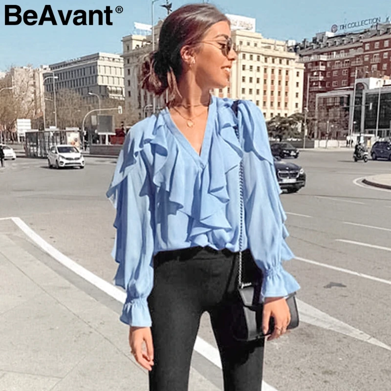 BeAvant v образным вырезом гофрированная винтажная блузка рубашка для женщин фонарь