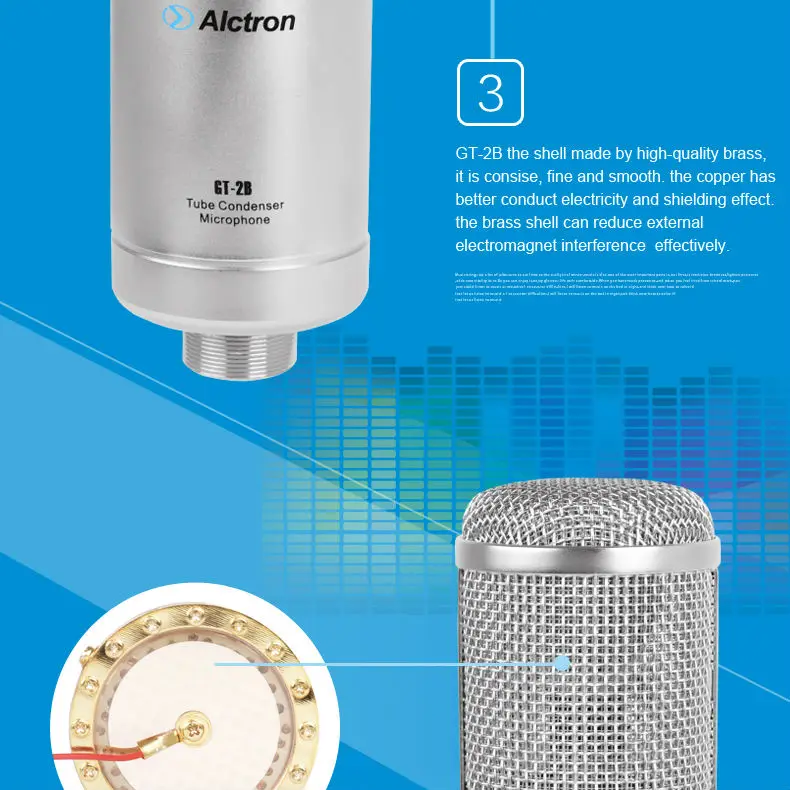 Alctron GT-2B Профессиональный Большой мембранный трубчатый конденсаторный Студийный микрофон, профессиональный трубчатый конденсаторный микрофон для записи