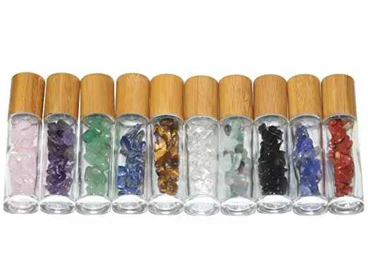 10ml Natural Gemstone Glass Roller Bottles Essential Oil Jade Roller Bottles Bamboo Cover 10pcs/lot P224