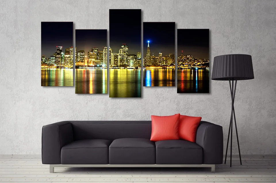 5 Pcs New York City Night Scenery Wall Art Canvas Poster Frame Painting Abstract Pictures HD Printed Framework Quadros Decoracao | Дом и сад