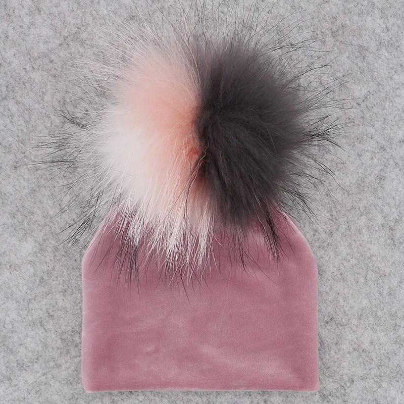 GZHILOVINGL Real Fur Pom Pom Baby Girls Boys Hat Warm Winter Knitted Velvet Hat Toddler Kids Soft Thick Flannel Beanies Pompoms