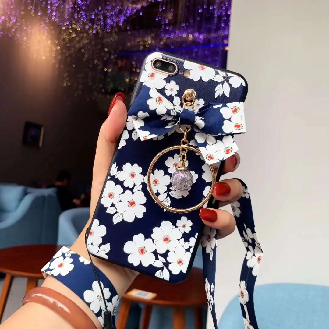 Для iPhone XS Max 3D цветок задняя крышка+ пленка для экрана из закаленного стекла для iPhone X XR 7 8 6s Plus чехол бант Подвеска+ ремни