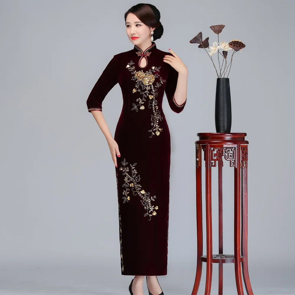 Изысканный цветочный бисерный китайский женский длинный Qipao оверсайз 3XL 4XL осень зима теплый бархат Cheongsam элегантное китайское платье