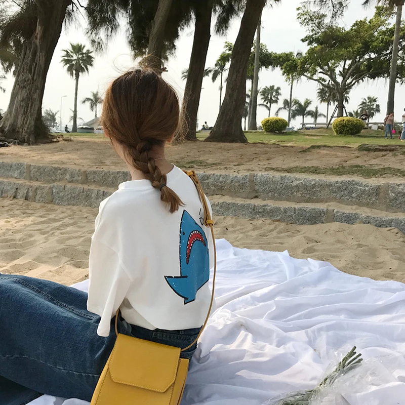 Summer Women's Clothing Korean Loose Thin Short Sleeve Shark Print T-shirts Student Cartoon Printing Wild Body Female T-shirt | Женская