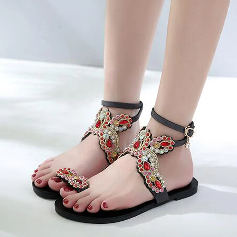 Женские сандалии в богемном стиле повседневные цветочные на плоской подошве со