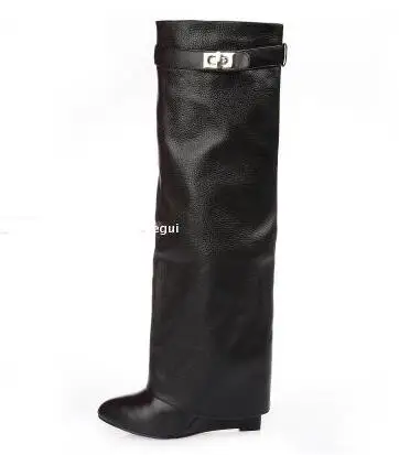 black one buckle Moraima Snc/Лидер продаж; высокие сапоги до колена с острым носком; сапоги для верховой езды, увеличивающие рост; женская обувь на танкетке; Цвет телесный; большие размеры - Цвет: black one buckle